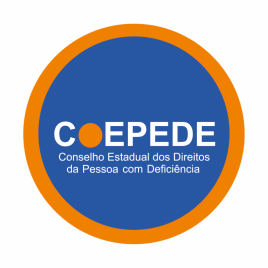 descrição, logo do COEPEDE: Um circulo na cor laranja com preenchimento na cor azul escuro contendo o texto COEPEDE Conselho Estadual dos Direitos da Pessoa com Deficiência na cor branca.